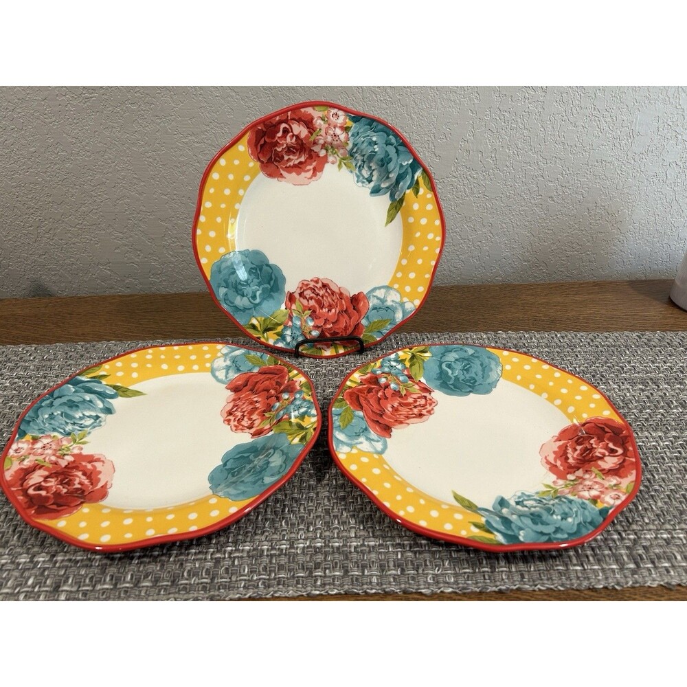 Pioneer Woman Jubilee Blossom Dinner Plates Set Of 3 Polka Dots Floral 10.5”